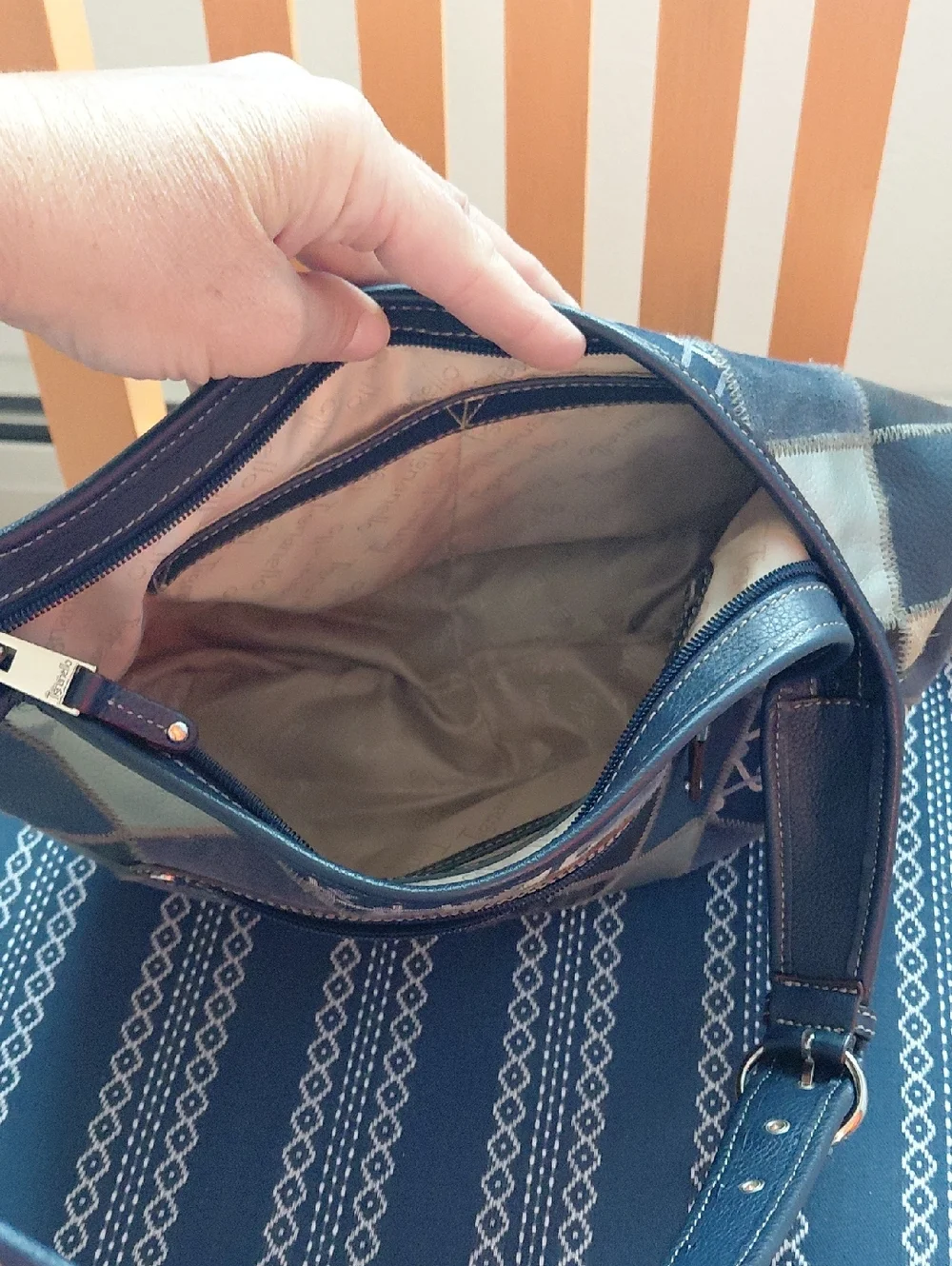 Tignanello Blue Patchwork Leather Hobo Shoulder Bag